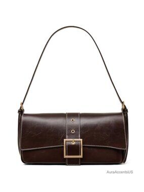 Wax Leather Baguette Shoulder Bag Crossbody with Square Buckle